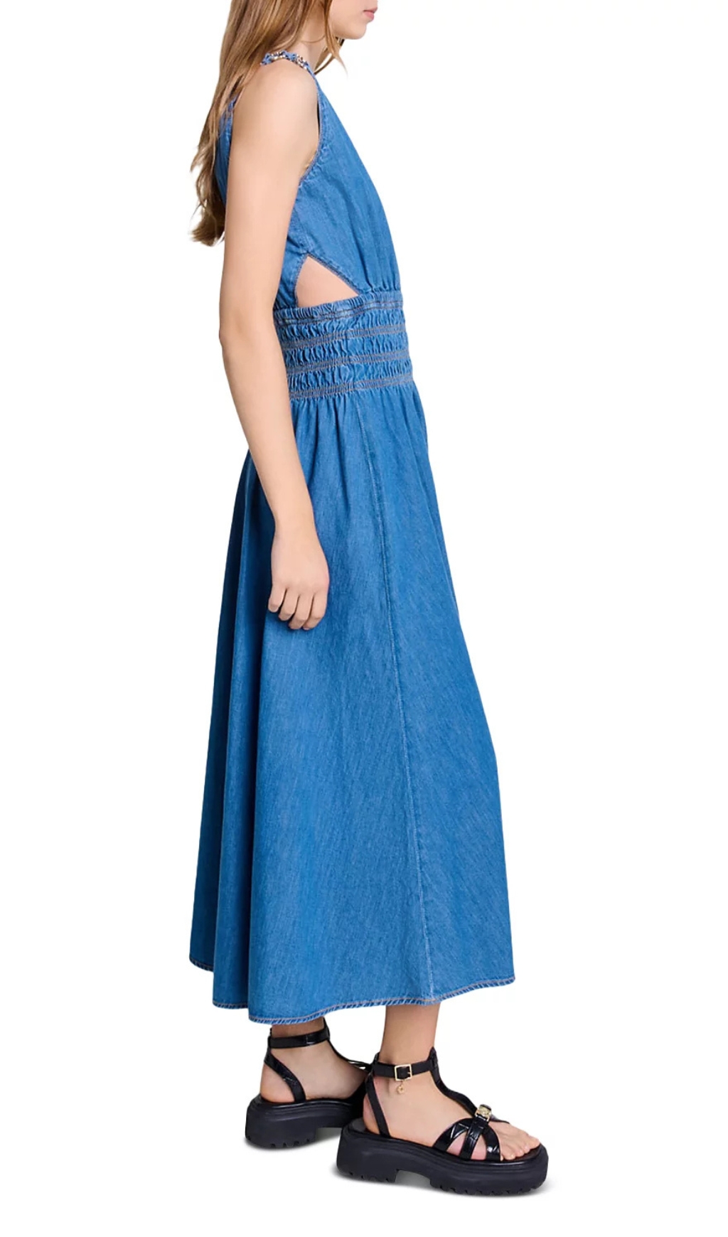 Fashionslee Women Runim Cutaway Denim Maxi Dress