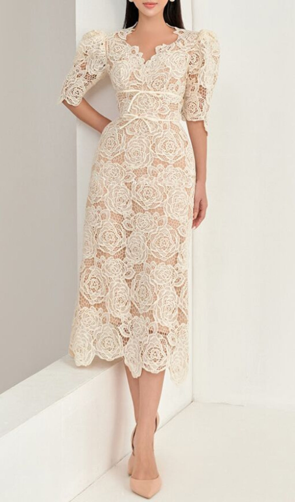Fashionslee Women Alayja White Rose Embroidery Midi Dress