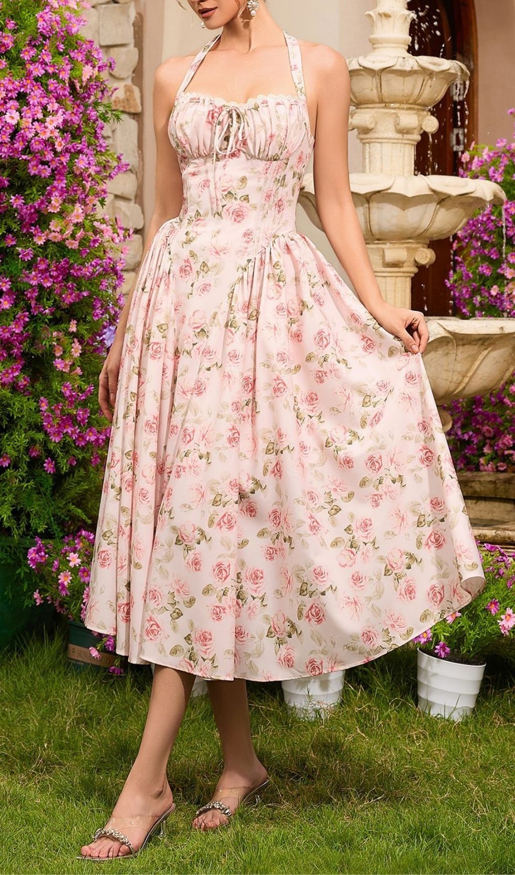 Fashionslee Women Lakota Halter Floral Midi Dress