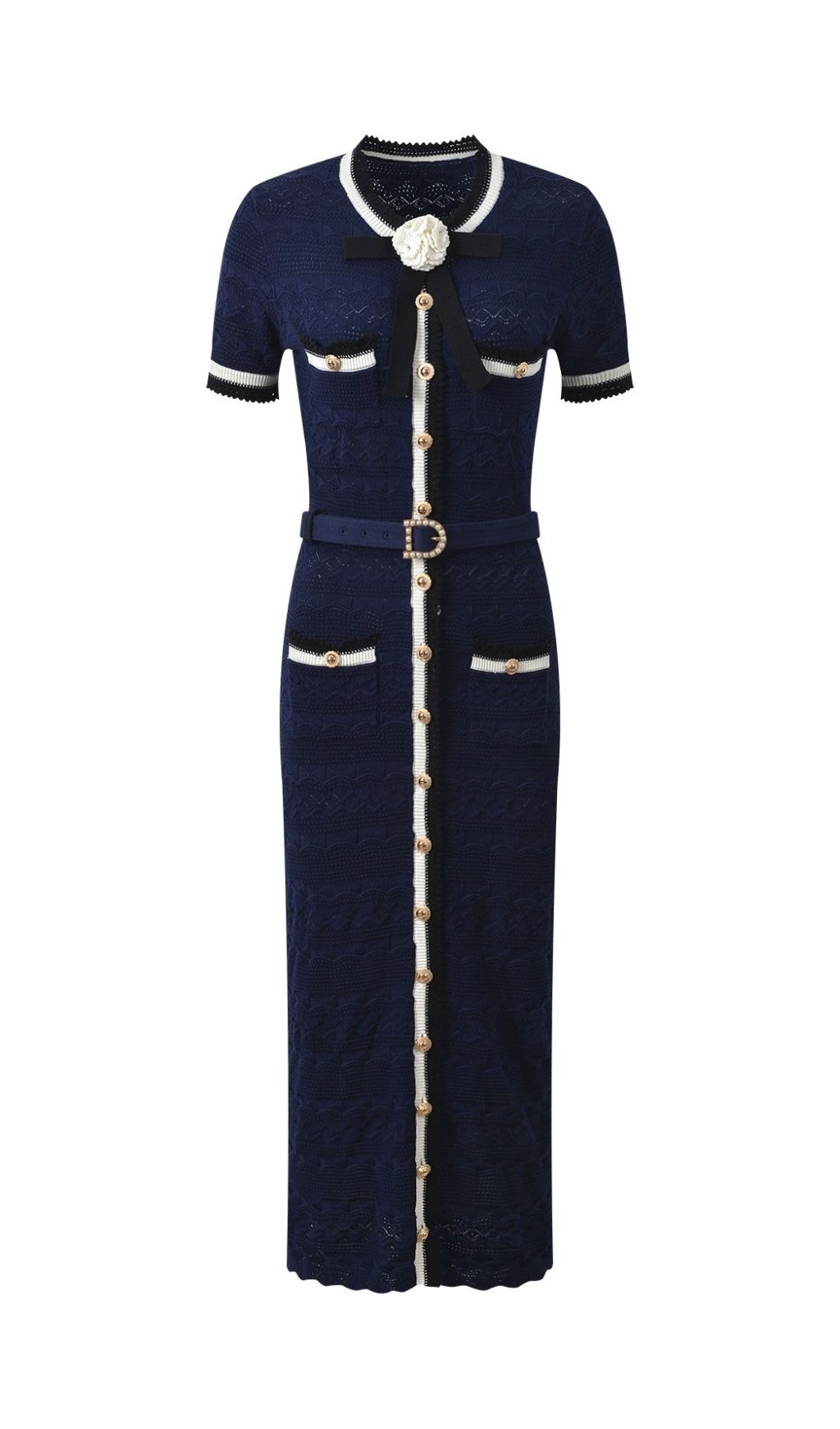Fashionslee Women Navy Pointelle Knit Midi Dress