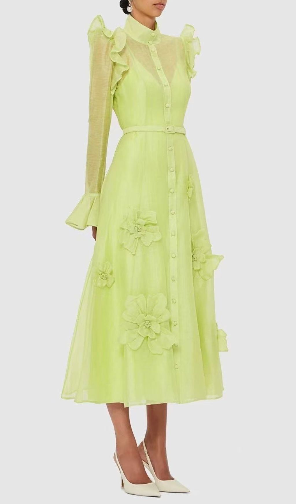 a0a62f1534bbd9551600a300321bc2e8.jpg Fashionslee Women Elula Green Long Sleeve Flower Midi Dress
