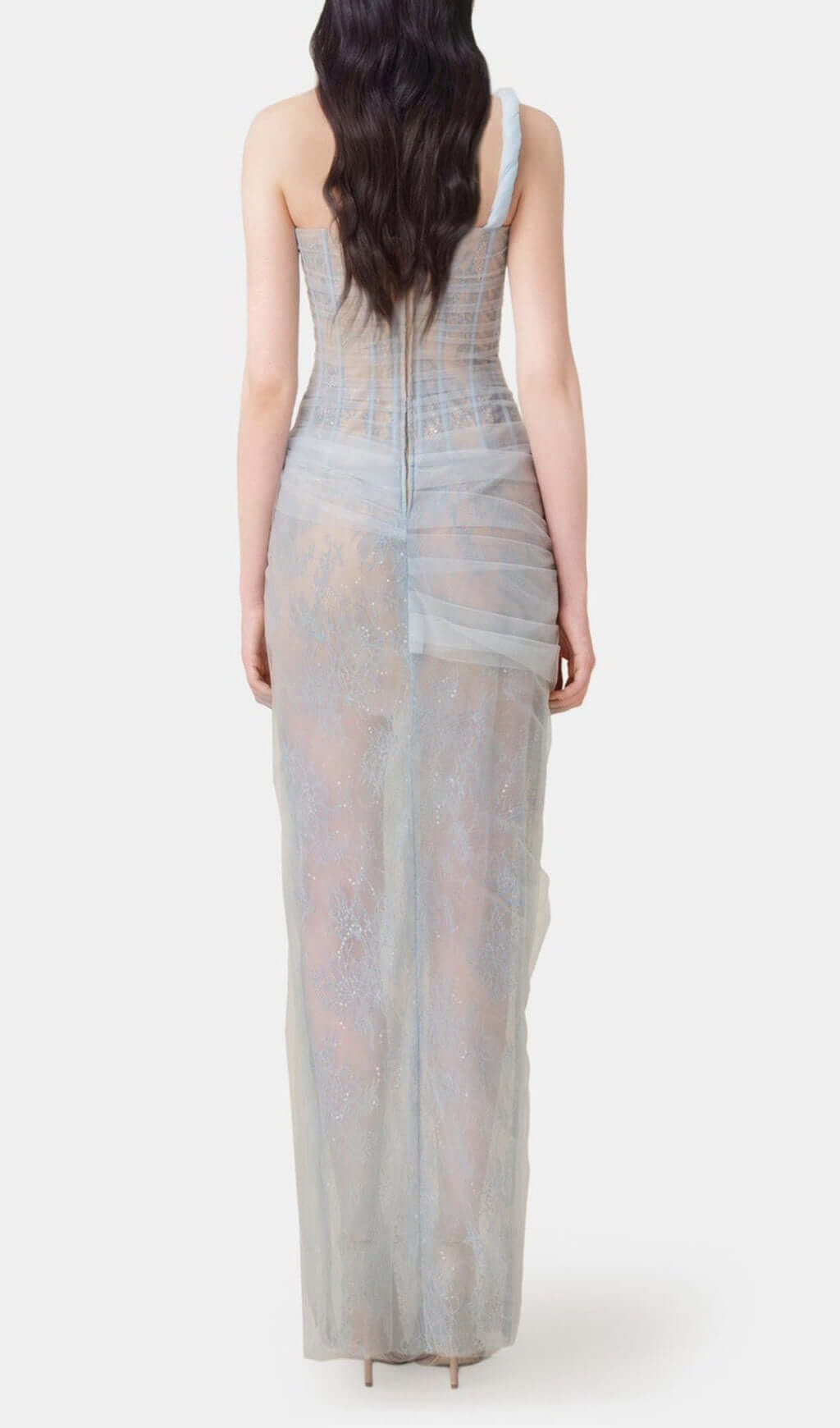 Fashionslee Women Anandi Blue Mesh Corset Maxi Dress