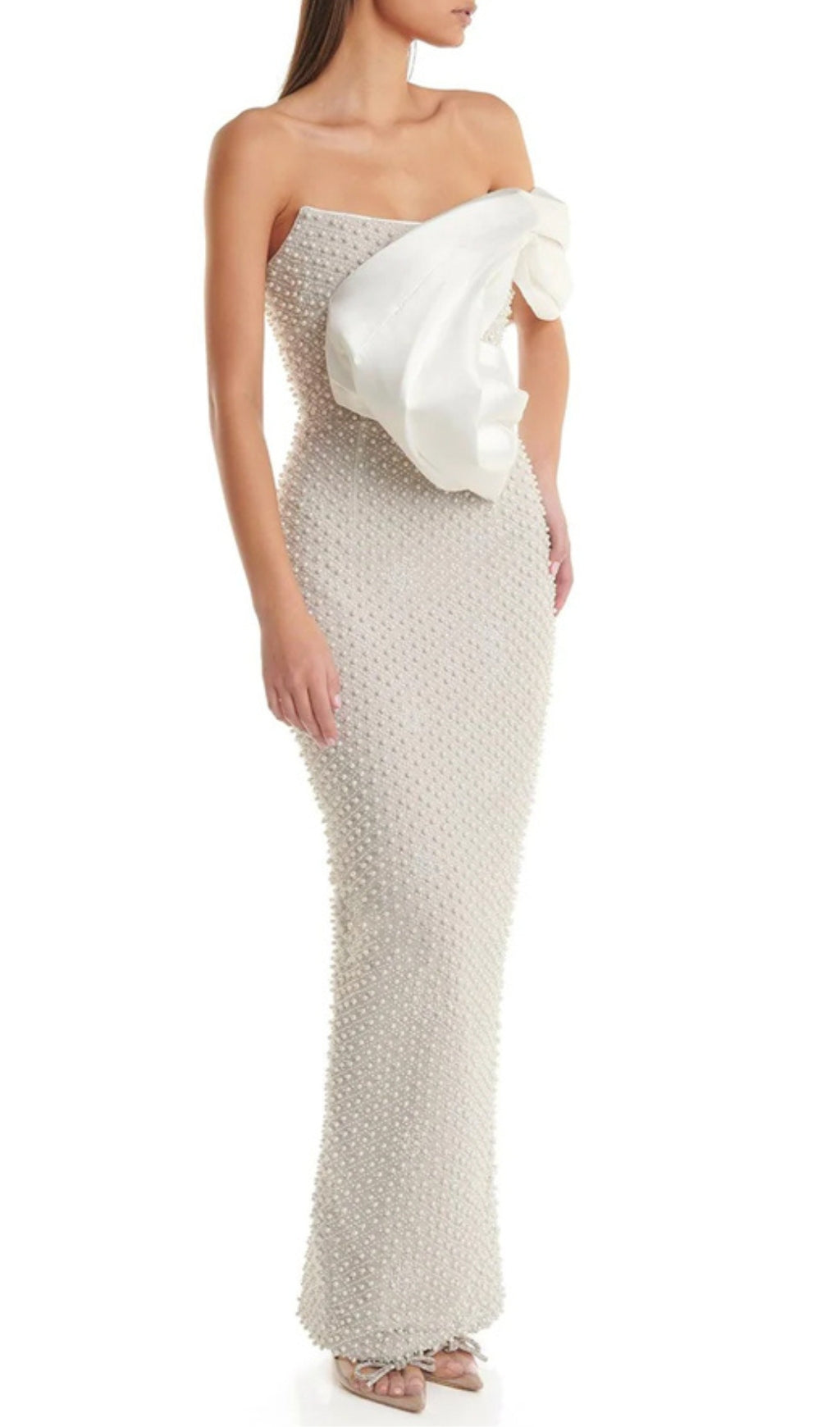 a4558a4b6cfb1c0603adea07ae813068.jpeg Fashionslee Women Adwen White Draped Bardot Pearl Maxi Dress