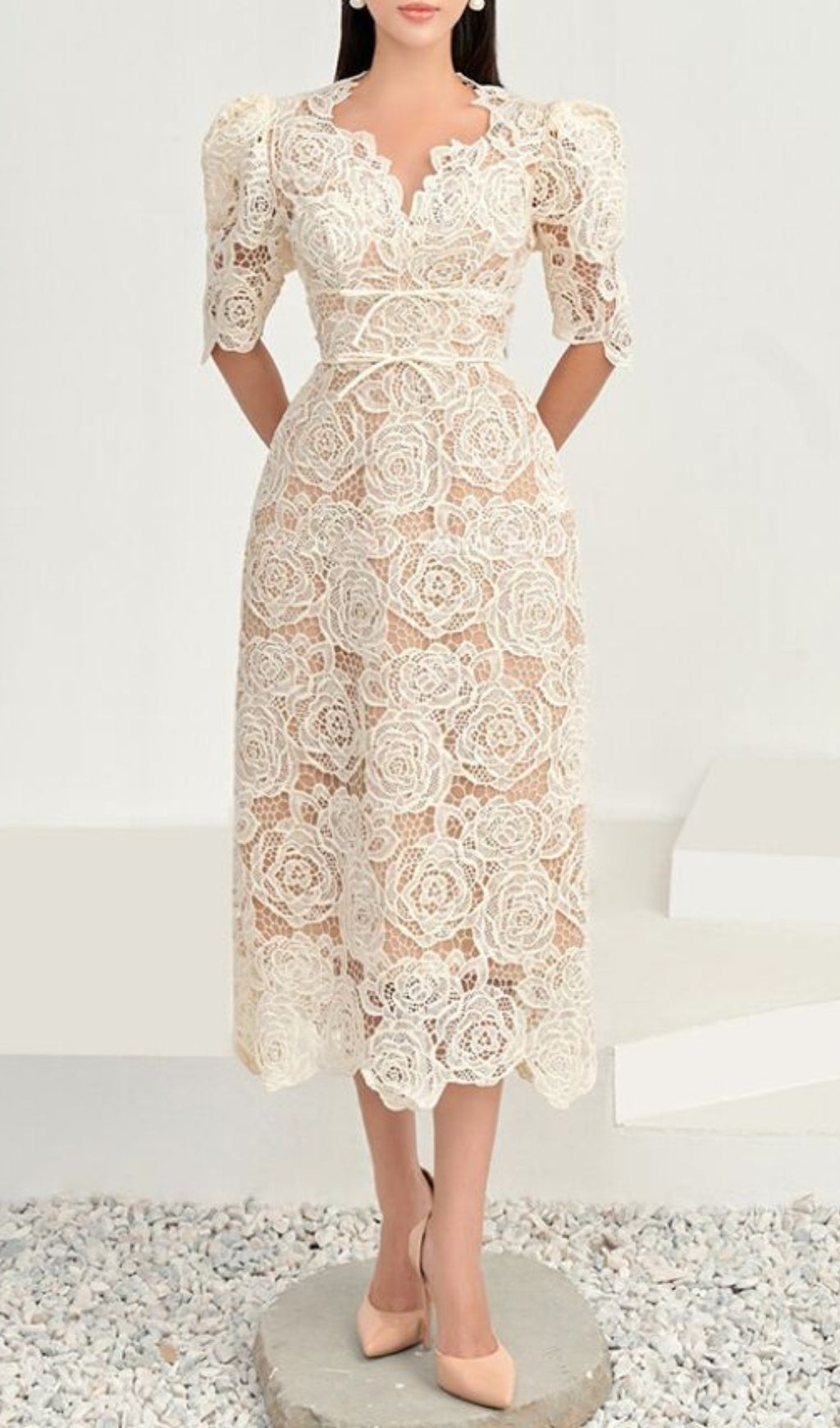 Fashionslee Women Alayja White Rose Embroidery Midi Dress