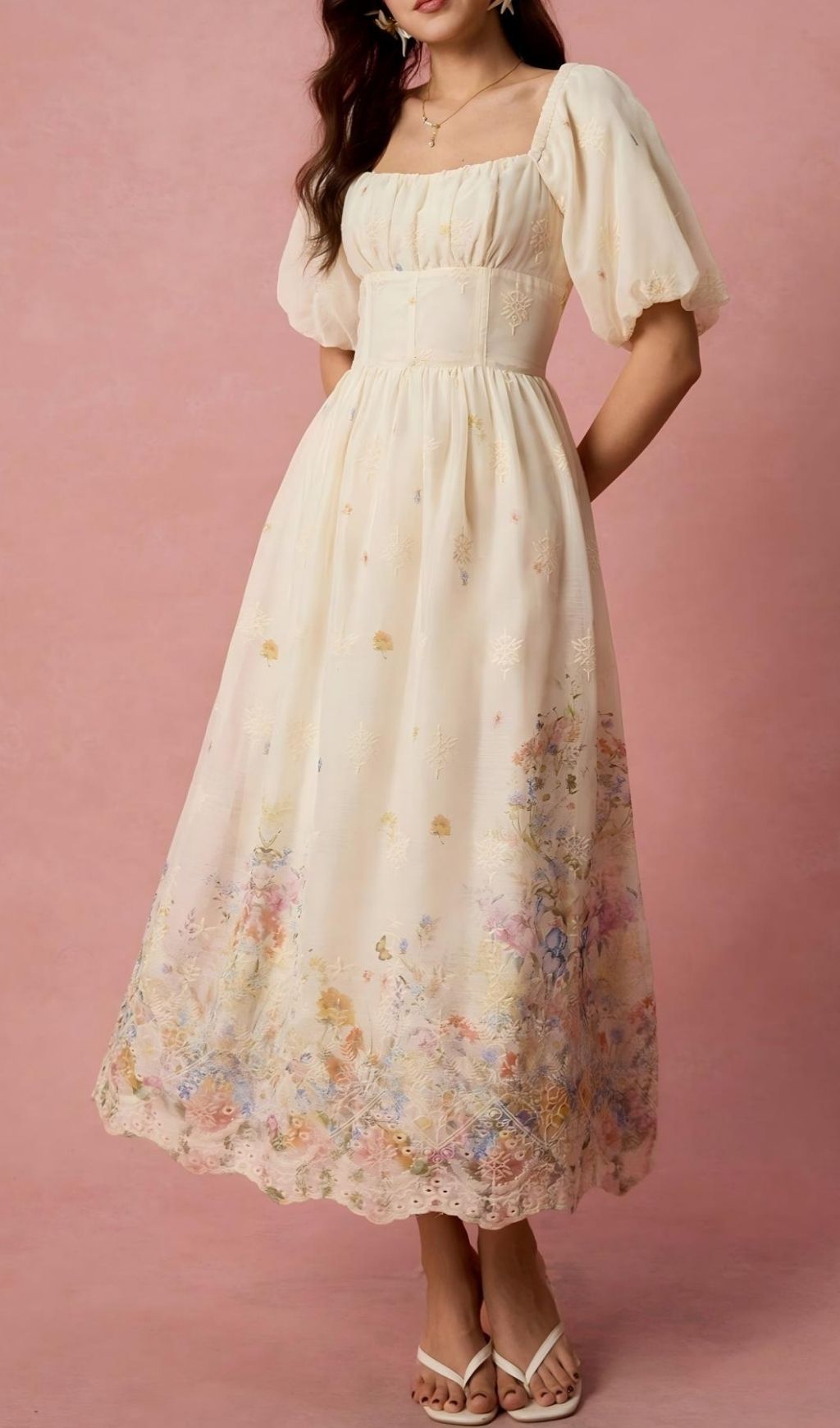Fashionslee Women Lamia Puff Sleeve Printed Midi Dress