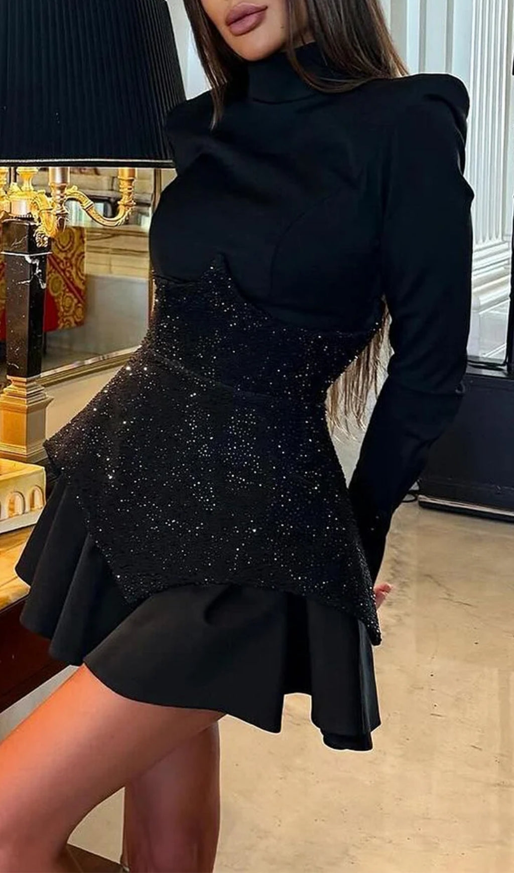 Fashionslee Women Atiya Rhinestone Long Sleeve Mini Dress