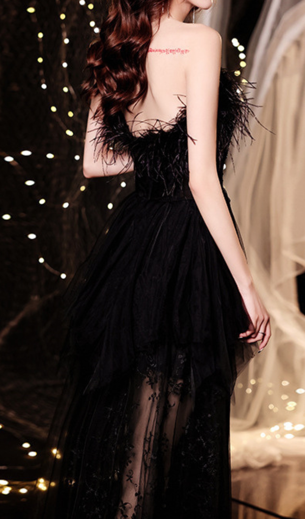 Fashionslee Women Chiyemi Black Feather Sequin Mesh Maxi Dress