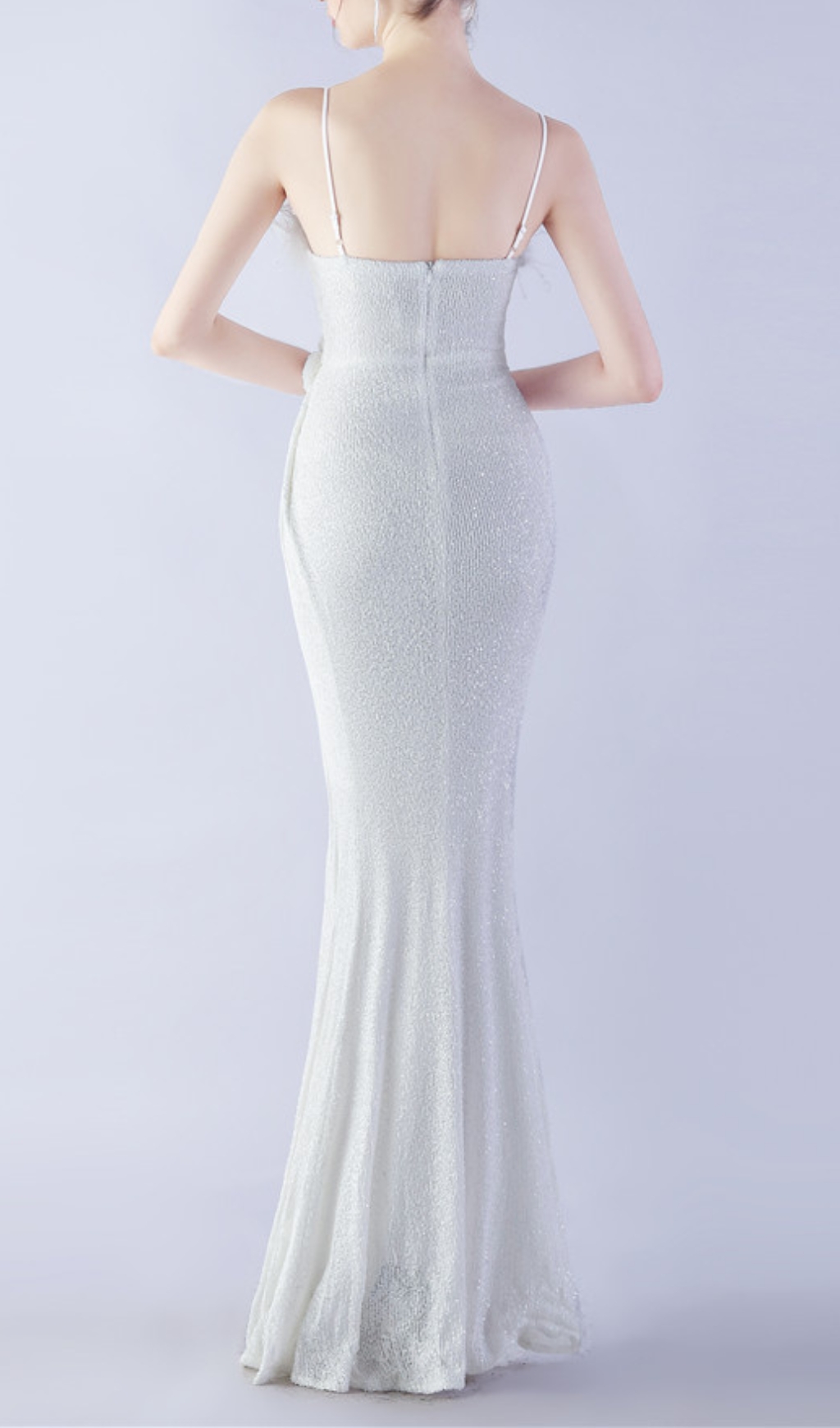 Fashionslee Women Chroma White Sequin Flower Feather Maxi Dress