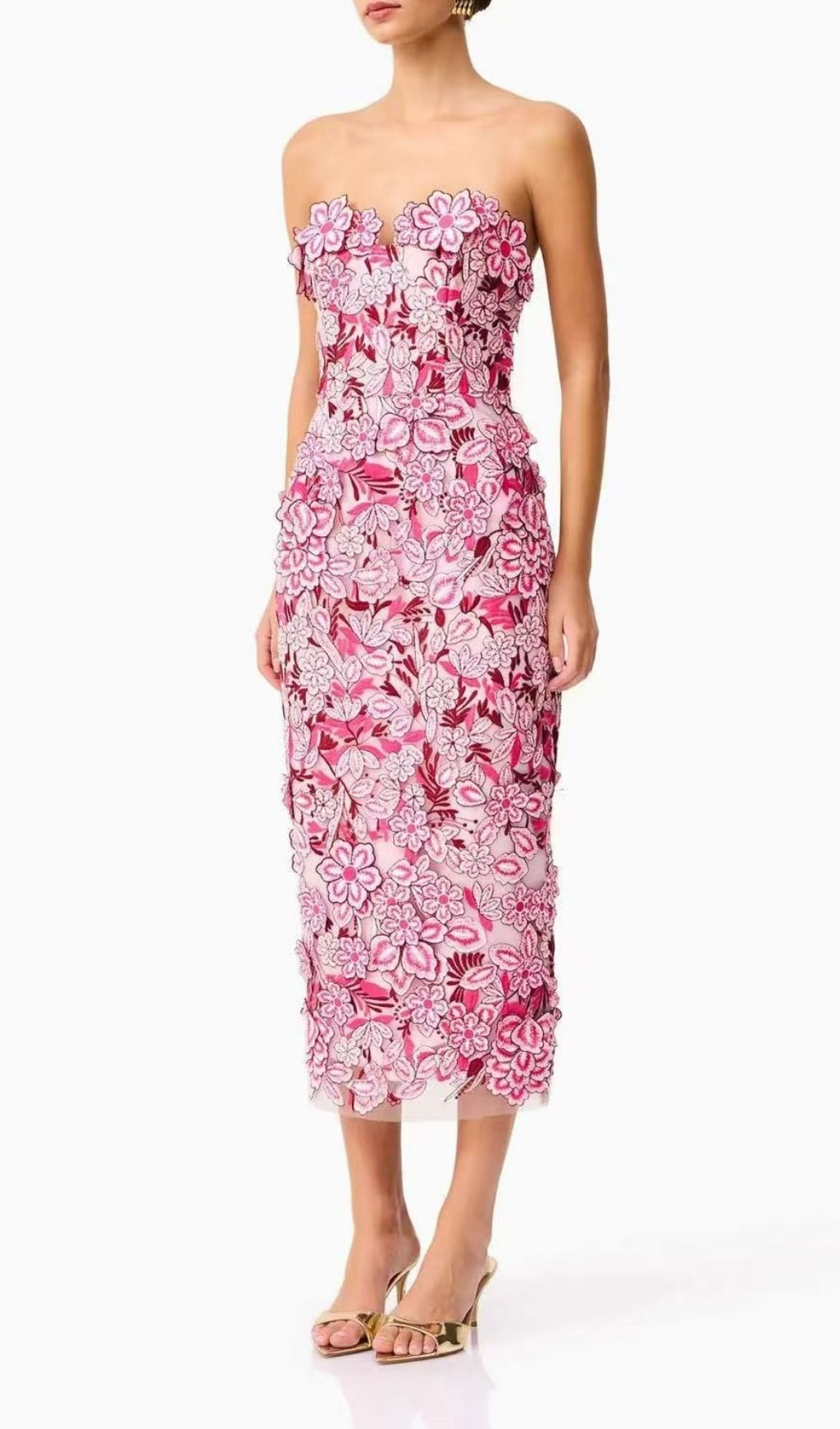 Fashionslee Women Larissa Pink Strapless Flower Embroidery Midi Dress