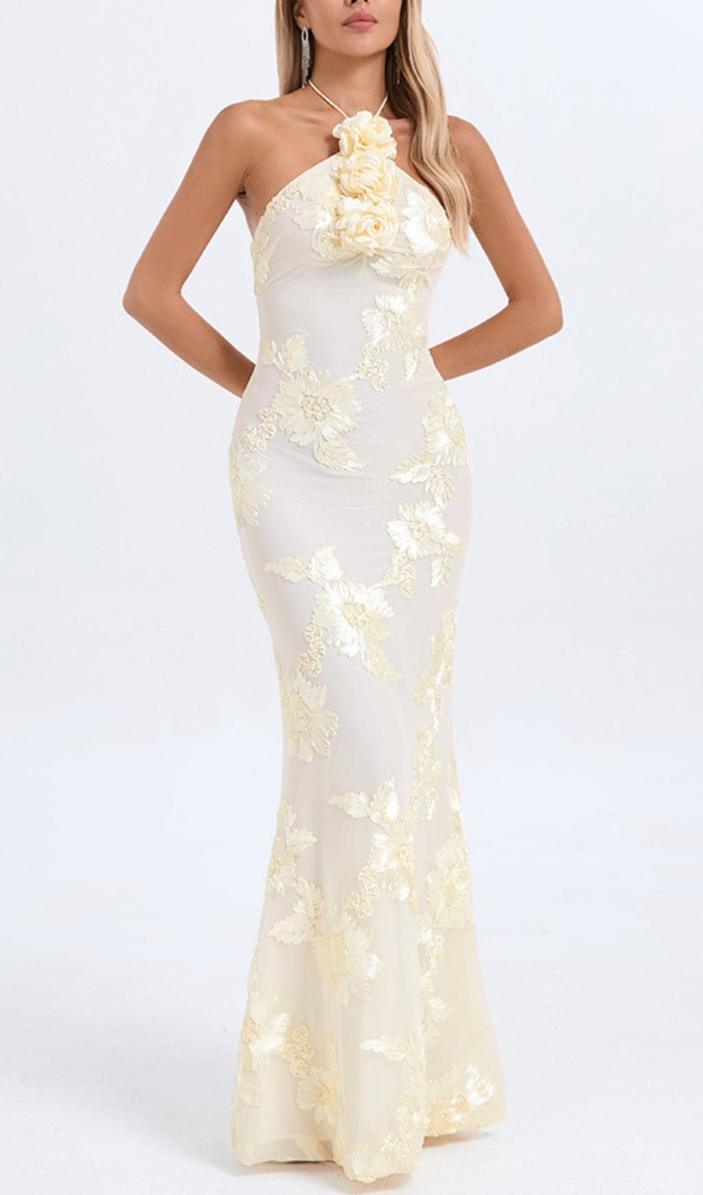Fashionslee Women Bambi Ivory Halter Flower Maxi Dress