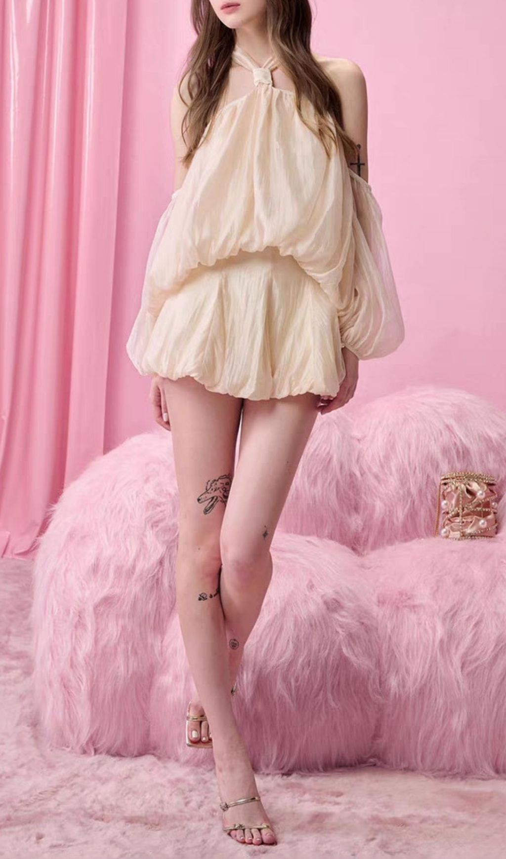 Fashionslee Women Kuniye Apricot Halter Mini Dress