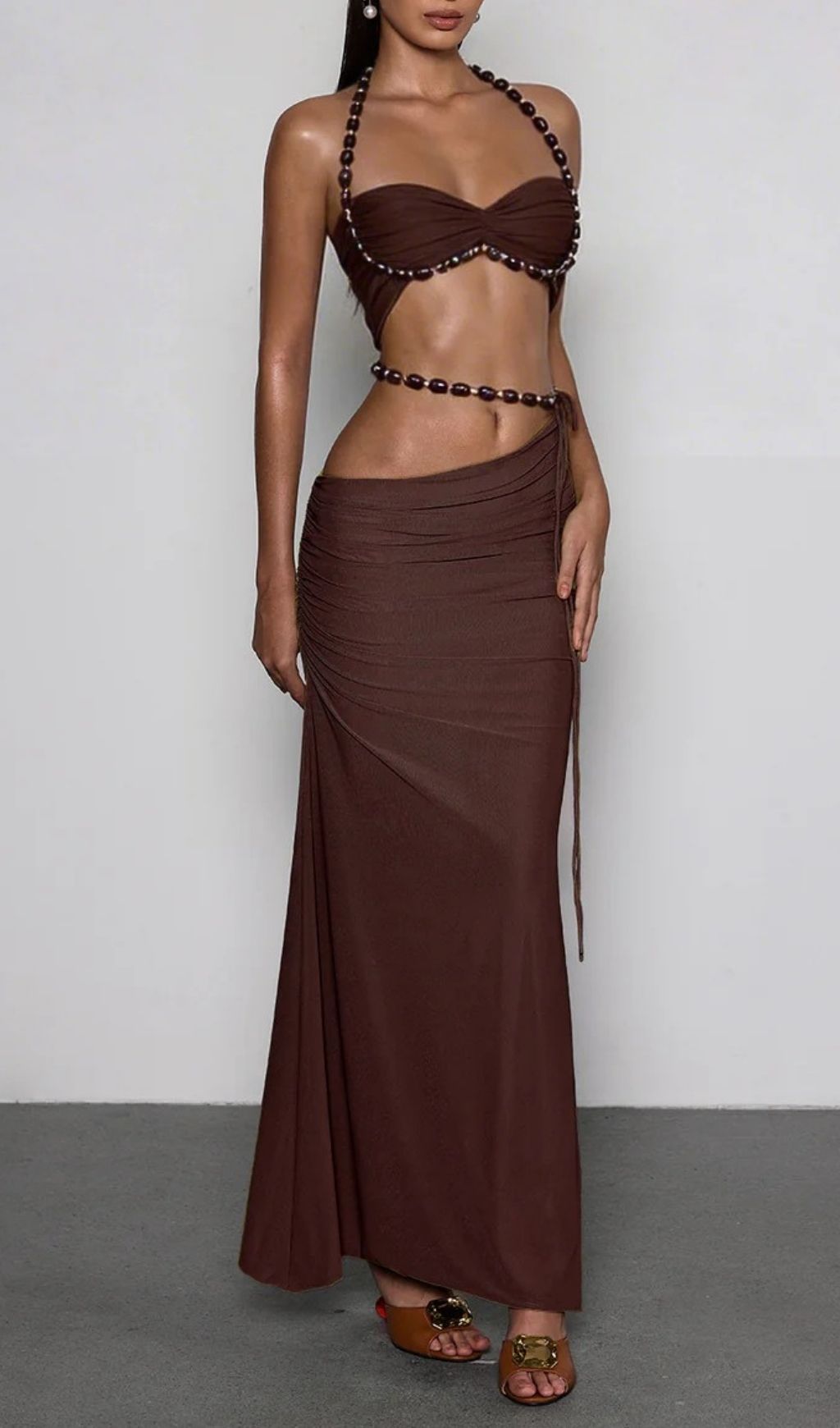 ac88ba36d9536ab8e1d7eacad099f16f.jpg Fashionslee Women Eryna Halterneck Ruched Skirt Set In Coffee