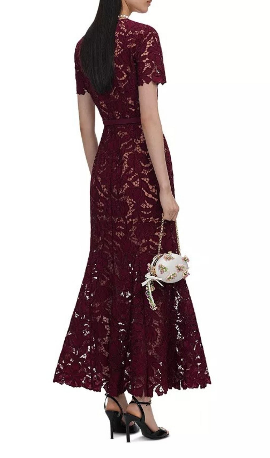 Fashionslee Women Burgundy Lace Midi Dress