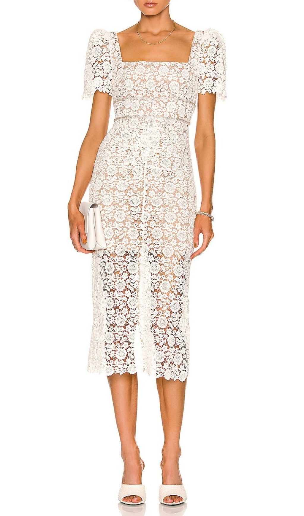 Fashionslee Women Anneau Ivory Floral Guipure Midi Dress