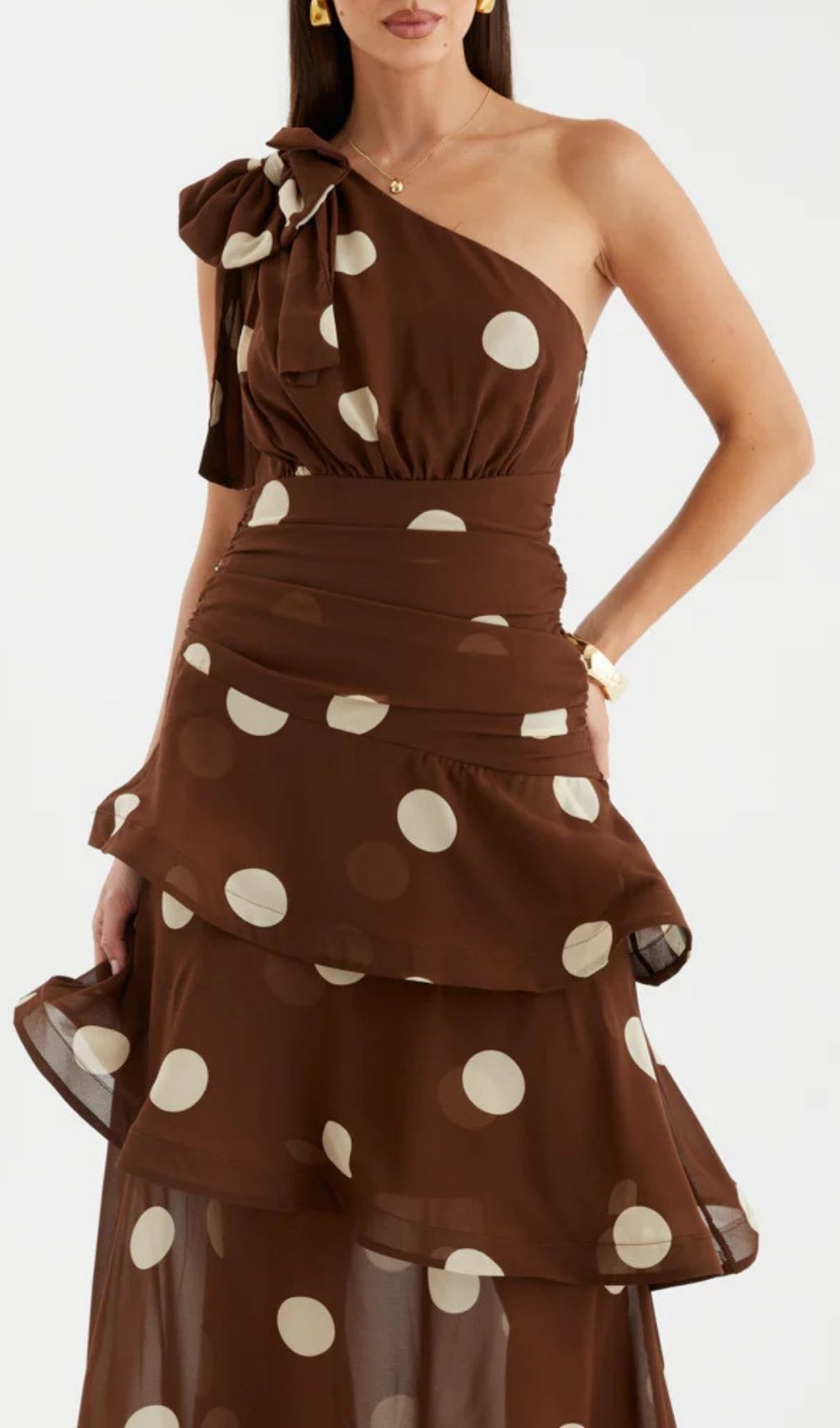 ae84494cc4e9d668c78610f8096e76b0.jpg Fashionslee Women Lalaine Coffee One-Shoulder Dot Midi Dress
