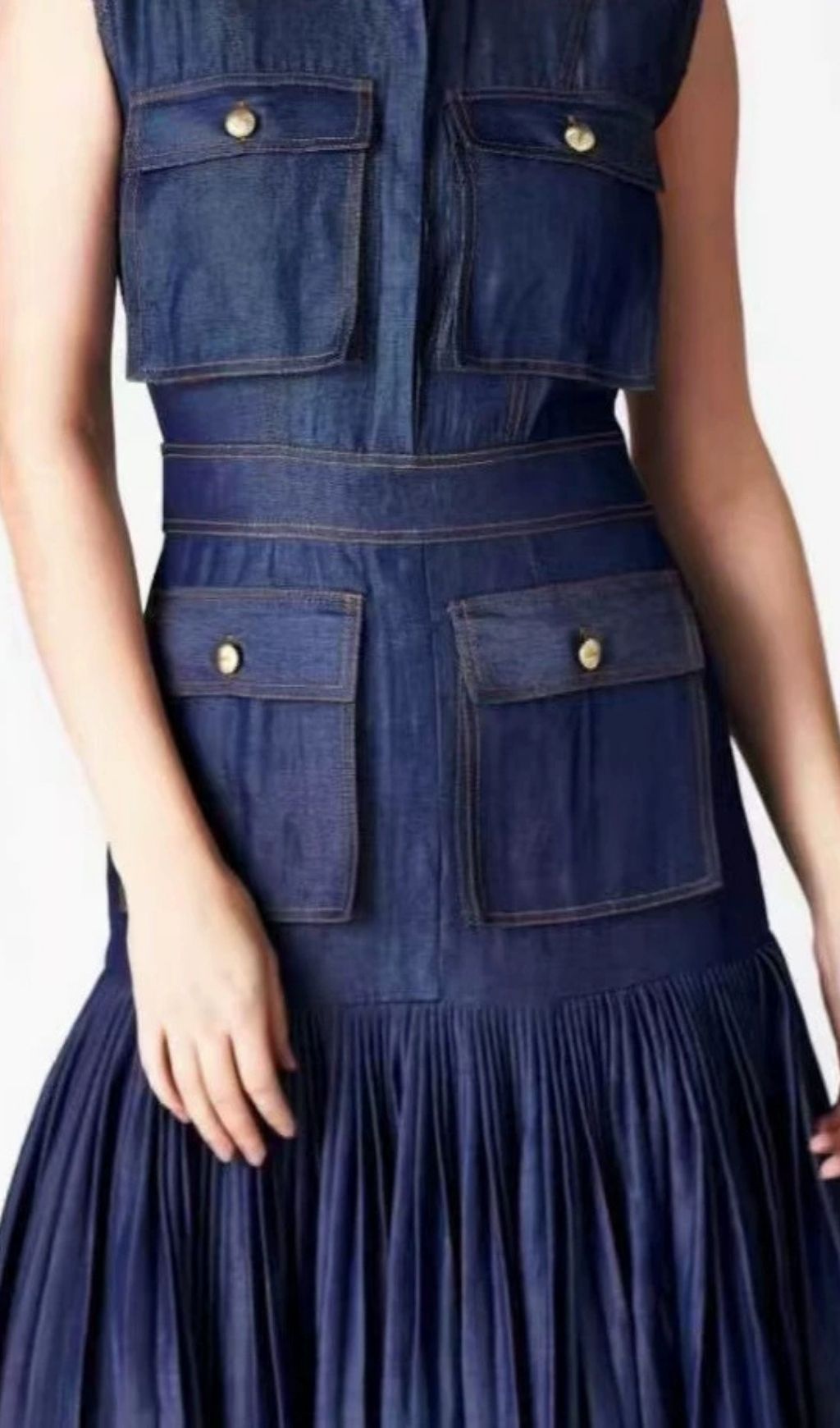 Fashionslee Women Latacia Denim Pockets Pleated Maxi Dress