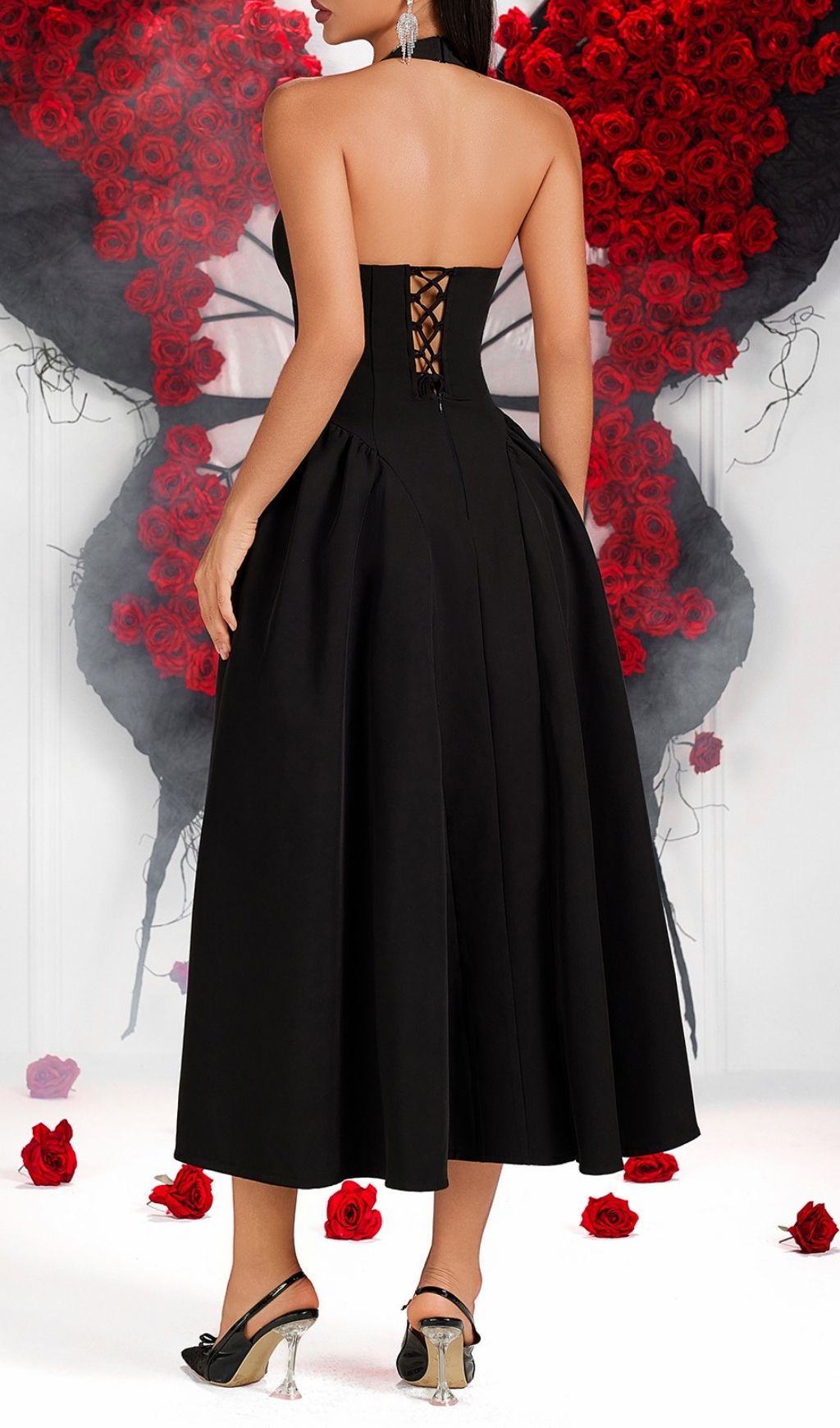 Fashionslee Women Lameez Black Halter Midi Dress