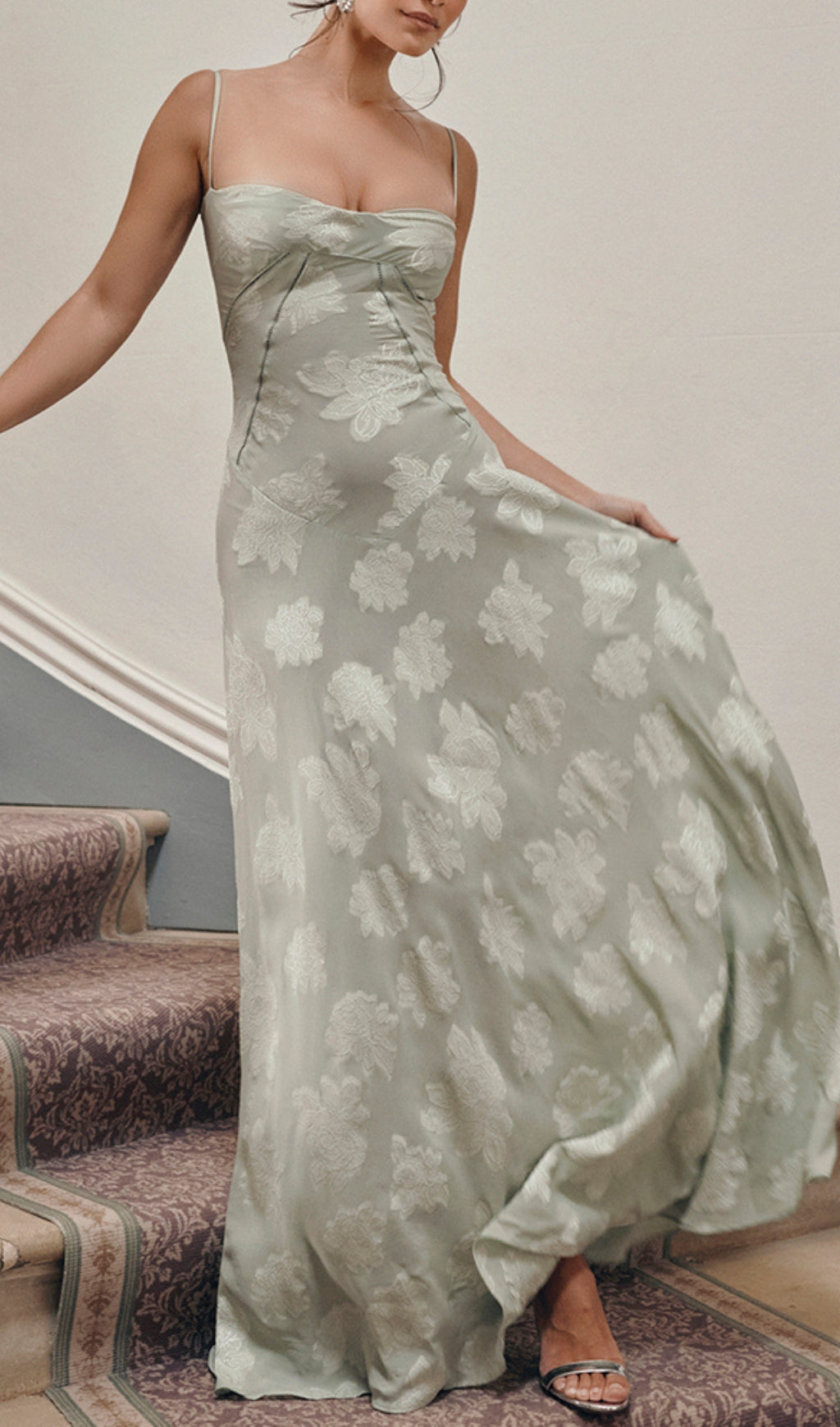 Fashionslee Women Billie Pistachio Floral Lace Back Maxi Dress