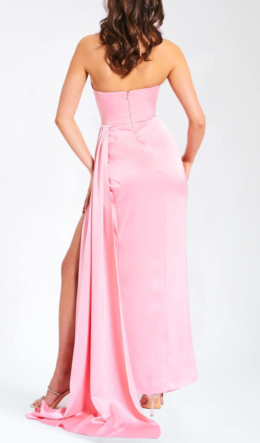 Fashionslee Women Aile Pink Satin Crystal Embellished Gown