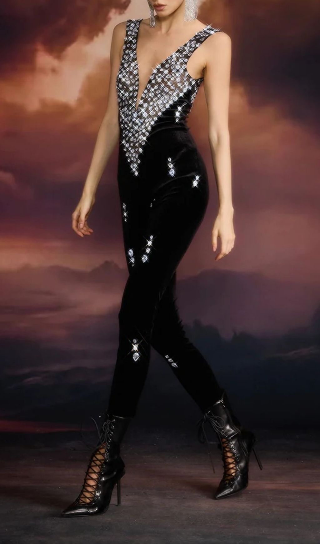 Fashionslee Women Elvina V Neck Crystal Velvet Jumpsuit