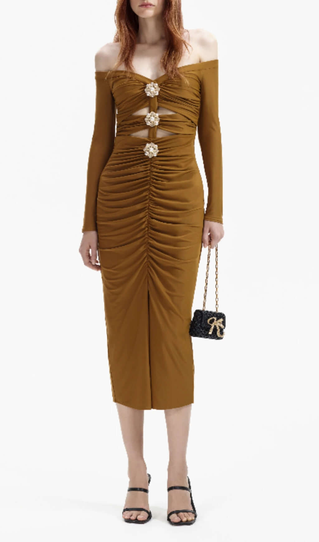 Fashionslee Women Bora Coffee Cutout Long Sleeve Midi Dress