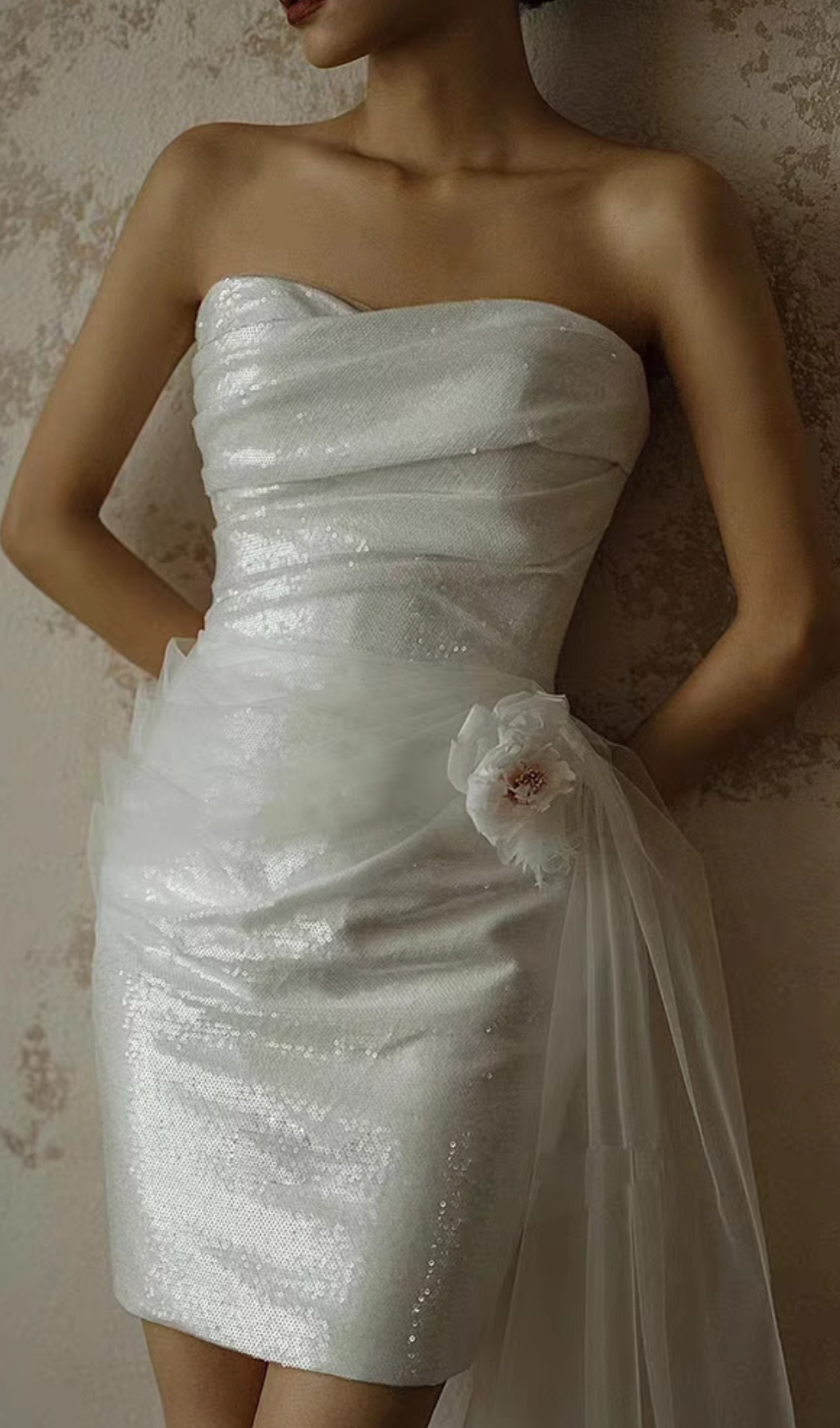 Fashionslee Women Colissa Strapless Flower Mesh Mini Dress