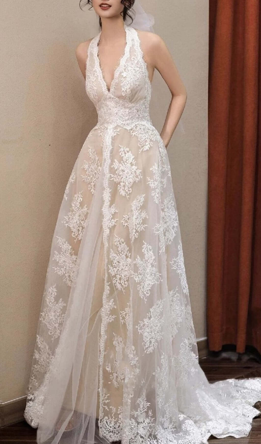 Fashionslee Women Aviella Halter Lace Wedding Dress