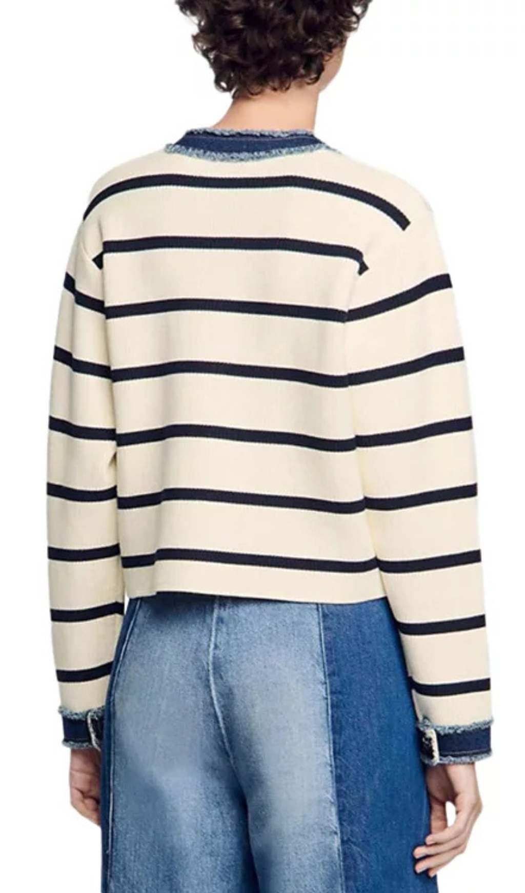 Fashionslee Women Striped Cardigan With Denim Detail