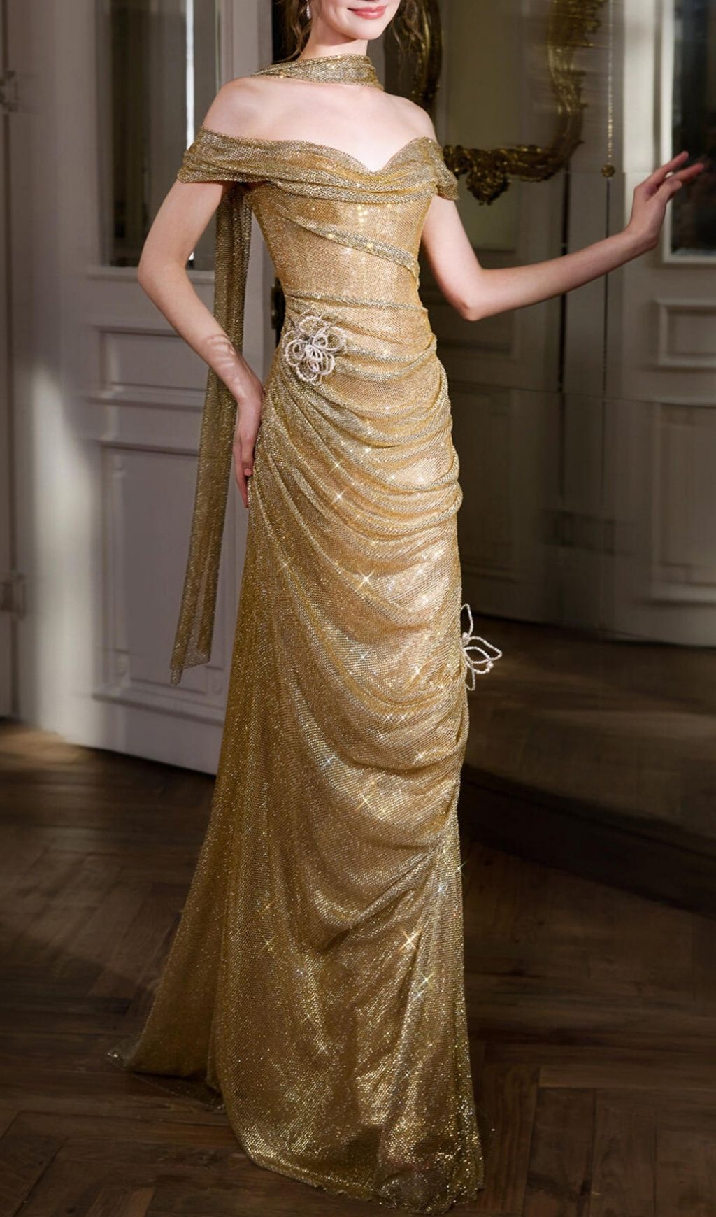 Fashionslee Women Krystina Gold Off-Shoulder Flower Maxi Dress