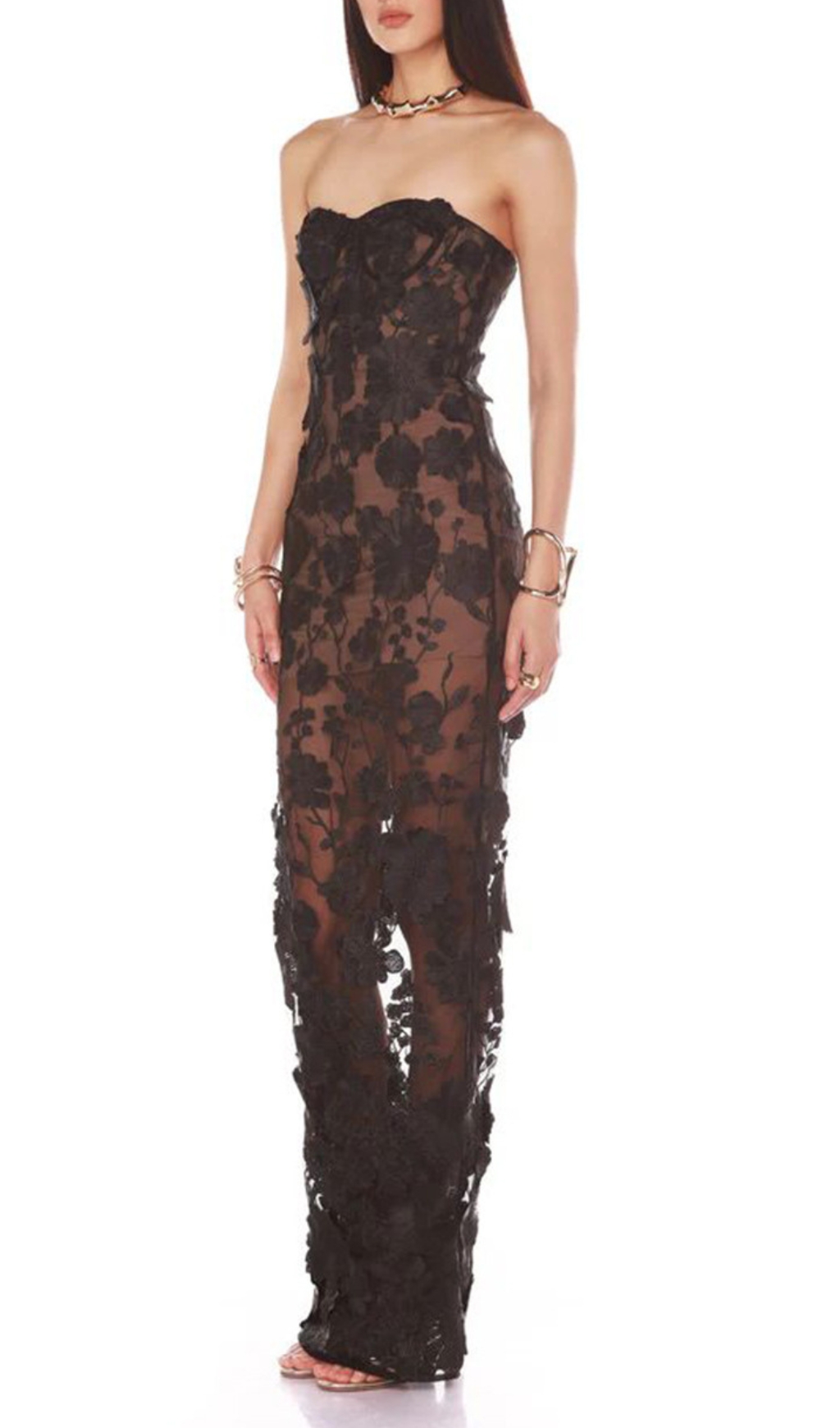Fashionslee Women Decla Black Strapless Flower Maxi Dress