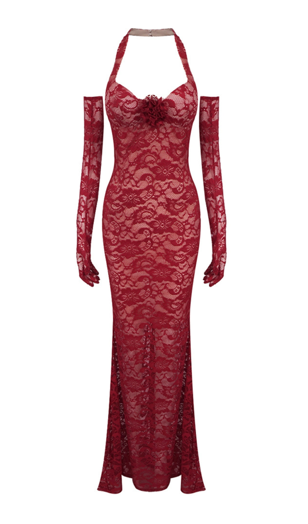 Fashionslee Women Bedelia Wine Halter Lace Maxi Dress