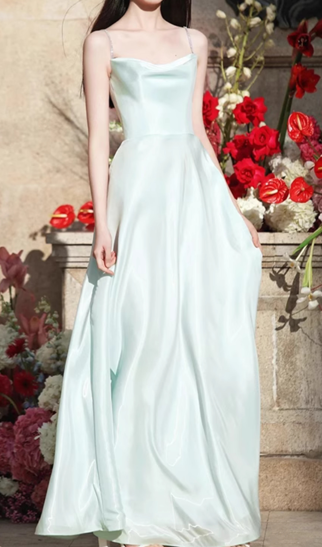 Fashionslee Women Coleka Aqua Strappy Satin Maxi Dress