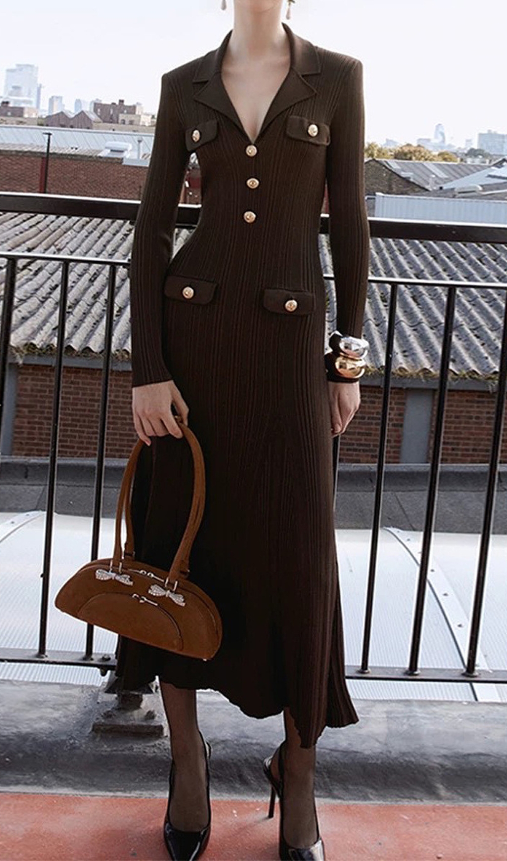 Fashionslee Women Clidhna Long Sleeve Button Knit Midi Dress