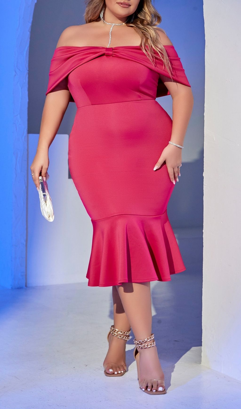 Fashionslee Women Laniakea Pink Off-Shoulder Plus Size Midi Dress