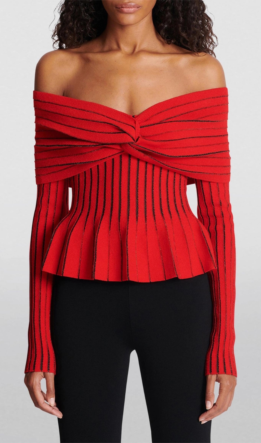 Fashionslee Women Esther Knit Stripe Ruched Off-Shoulder Top