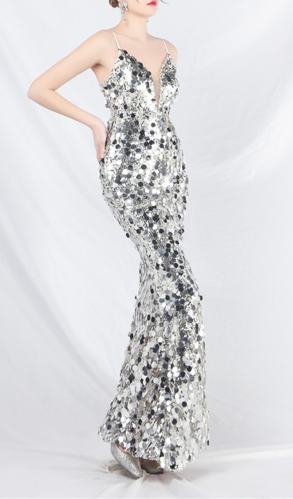 Fashionslee Women Chole Silver Strappy Sequin Maxi Dress