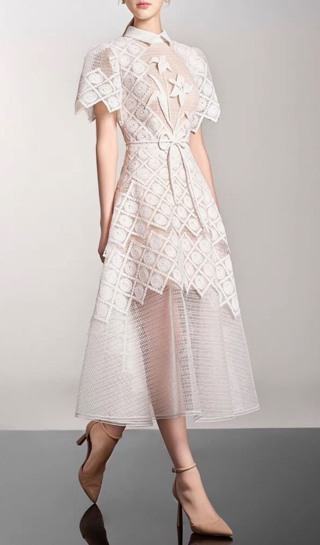 Fashionslee Women Arpina White Embroidery Midi Dress