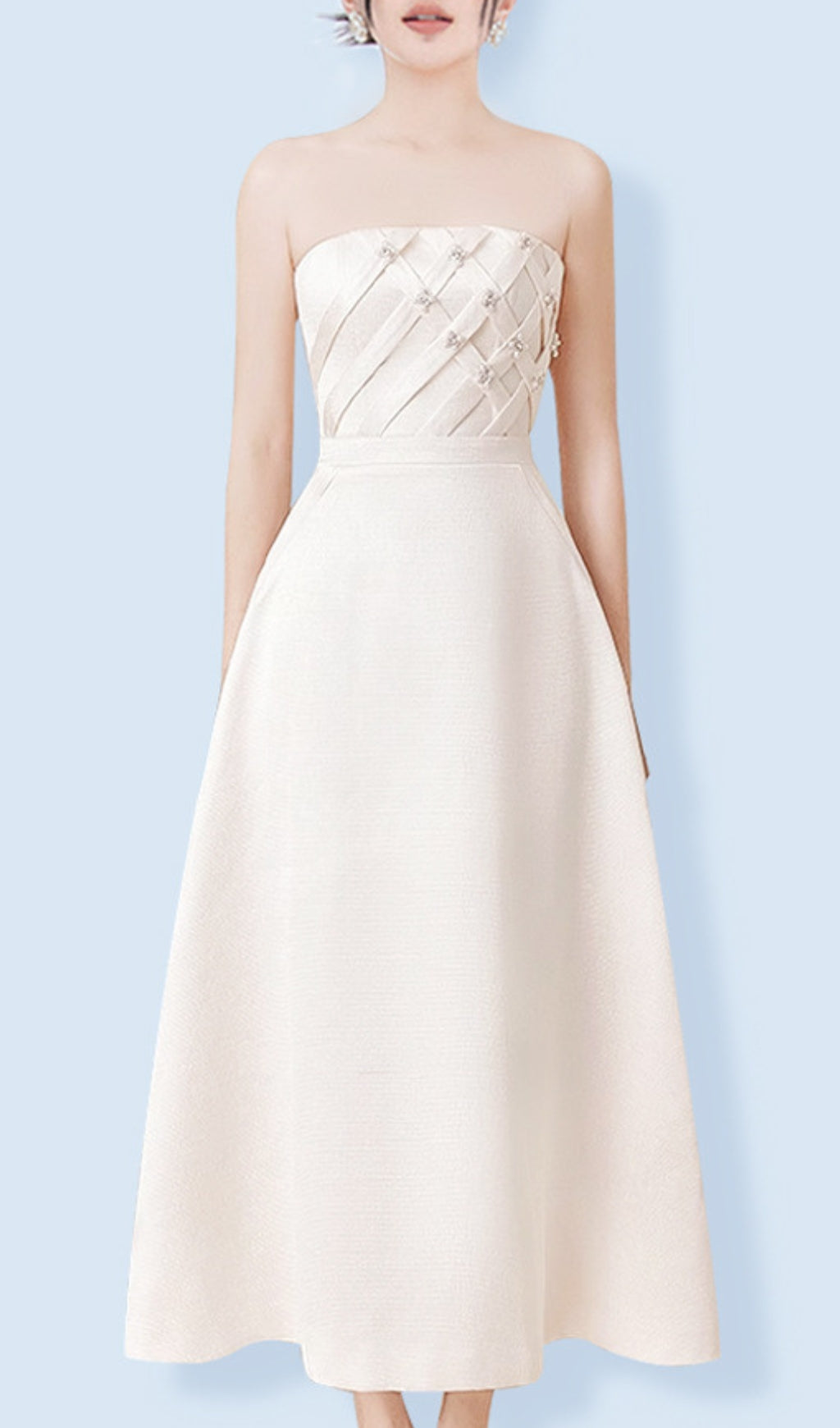 VIRAL WHITE STRAPLESS PEARL MIDI DRESS - OWNCI VIRAL WHITE STRAPLESS PEARL MIDI DRESS - OWNCI