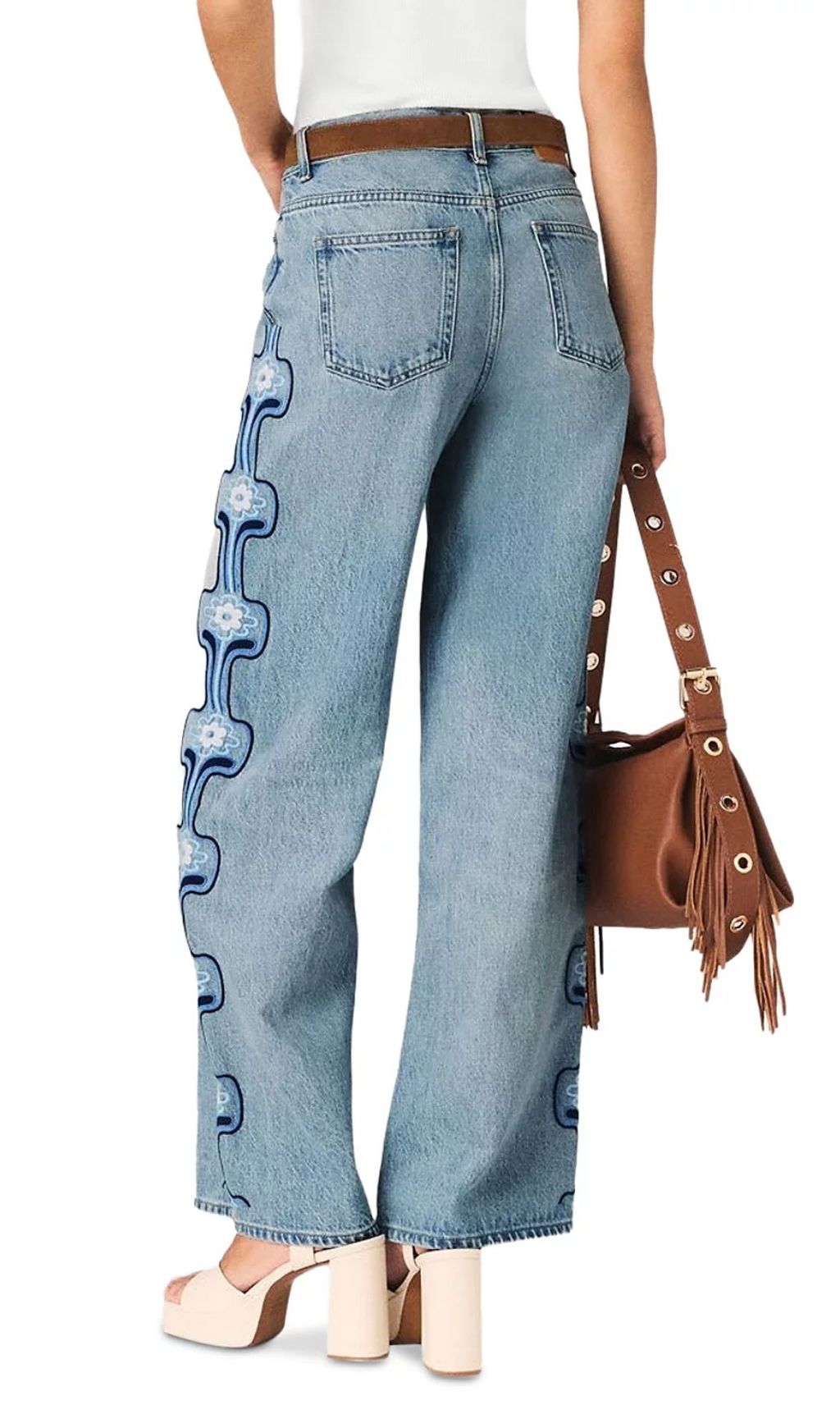 Fashionslee Women Pintbrode Floral Embroidered Wide Leg Jeans in Blue