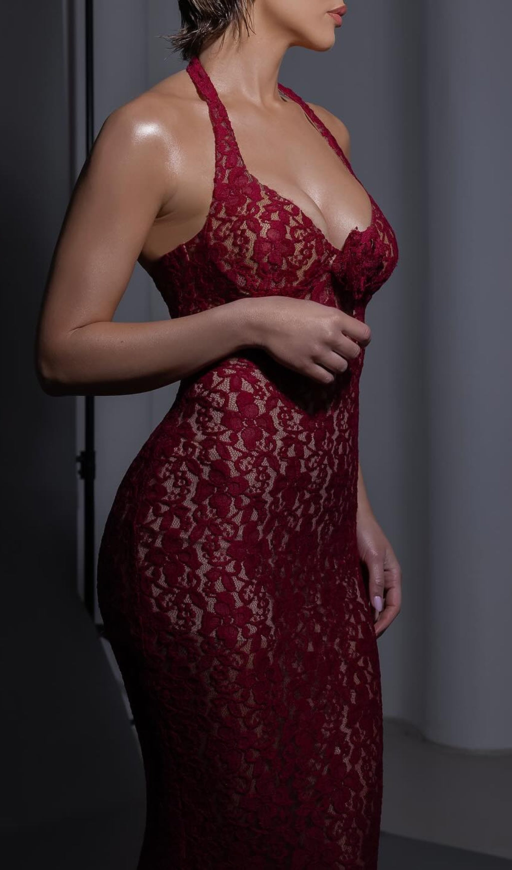 Fashionslee Women Bedelia Wine Halter Lace Maxi Dress