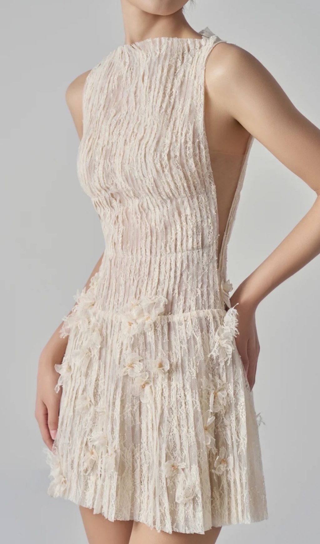 Fashionslee Women Darda Beige Flower Lace Mini Dress
