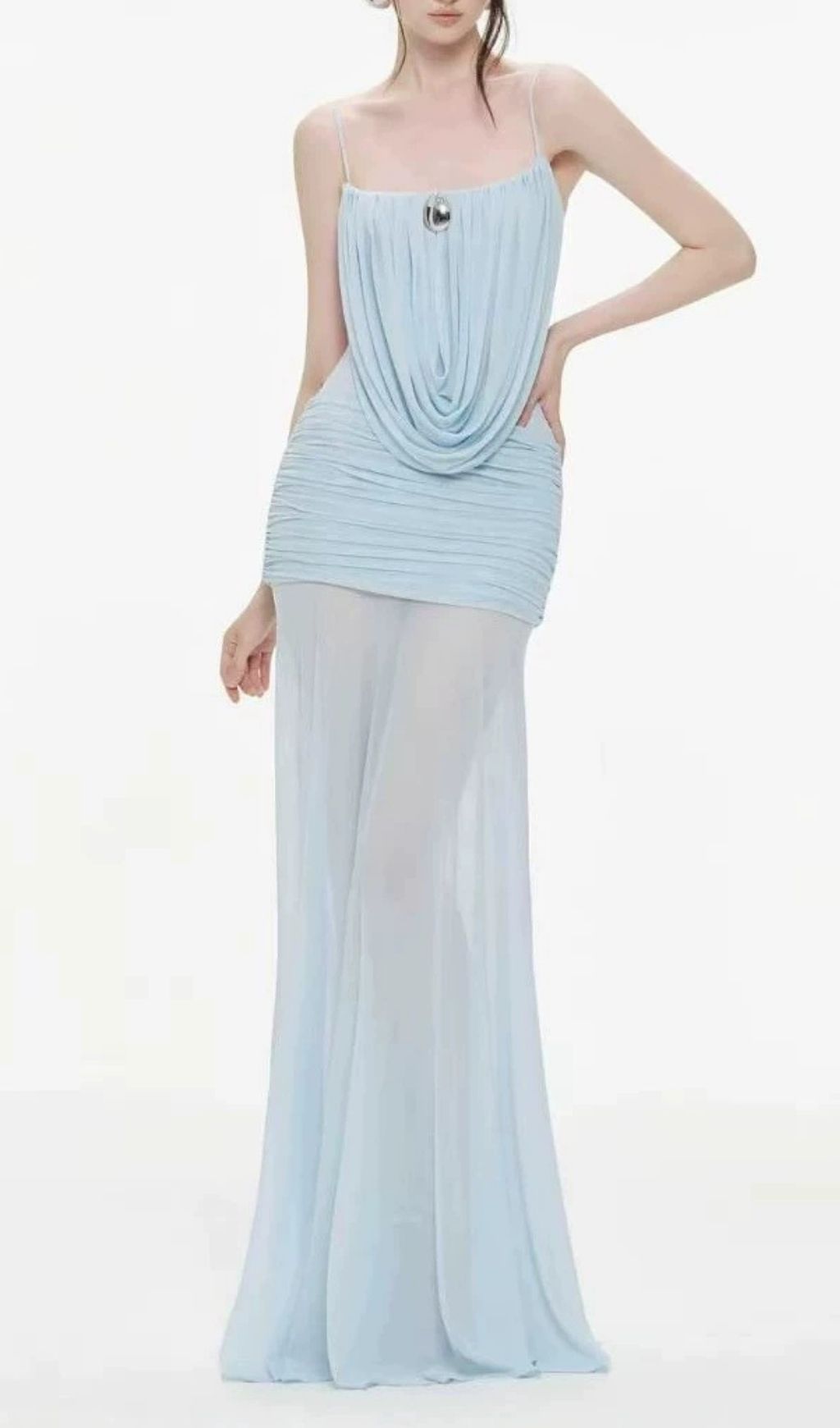 Fashionslee Women Lapis Blue Strappy Draped Maxi Dress