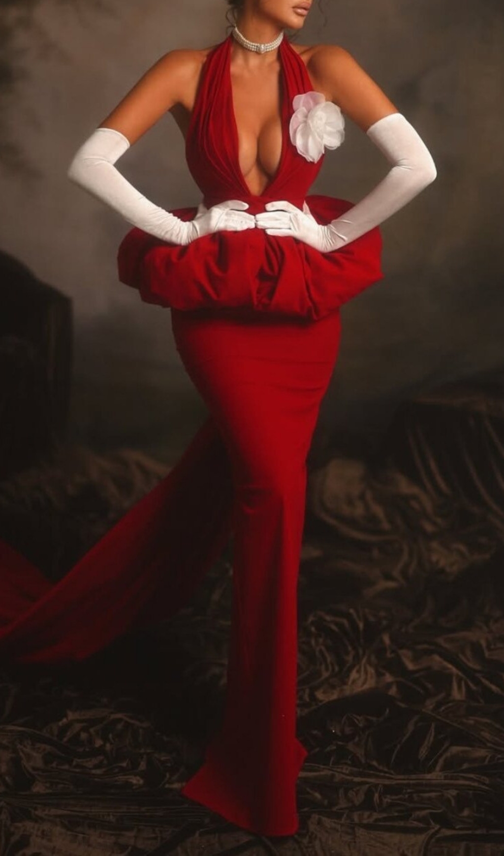 Fashionslee Women Clor Red Halter Flower Bandage Maxi Dress