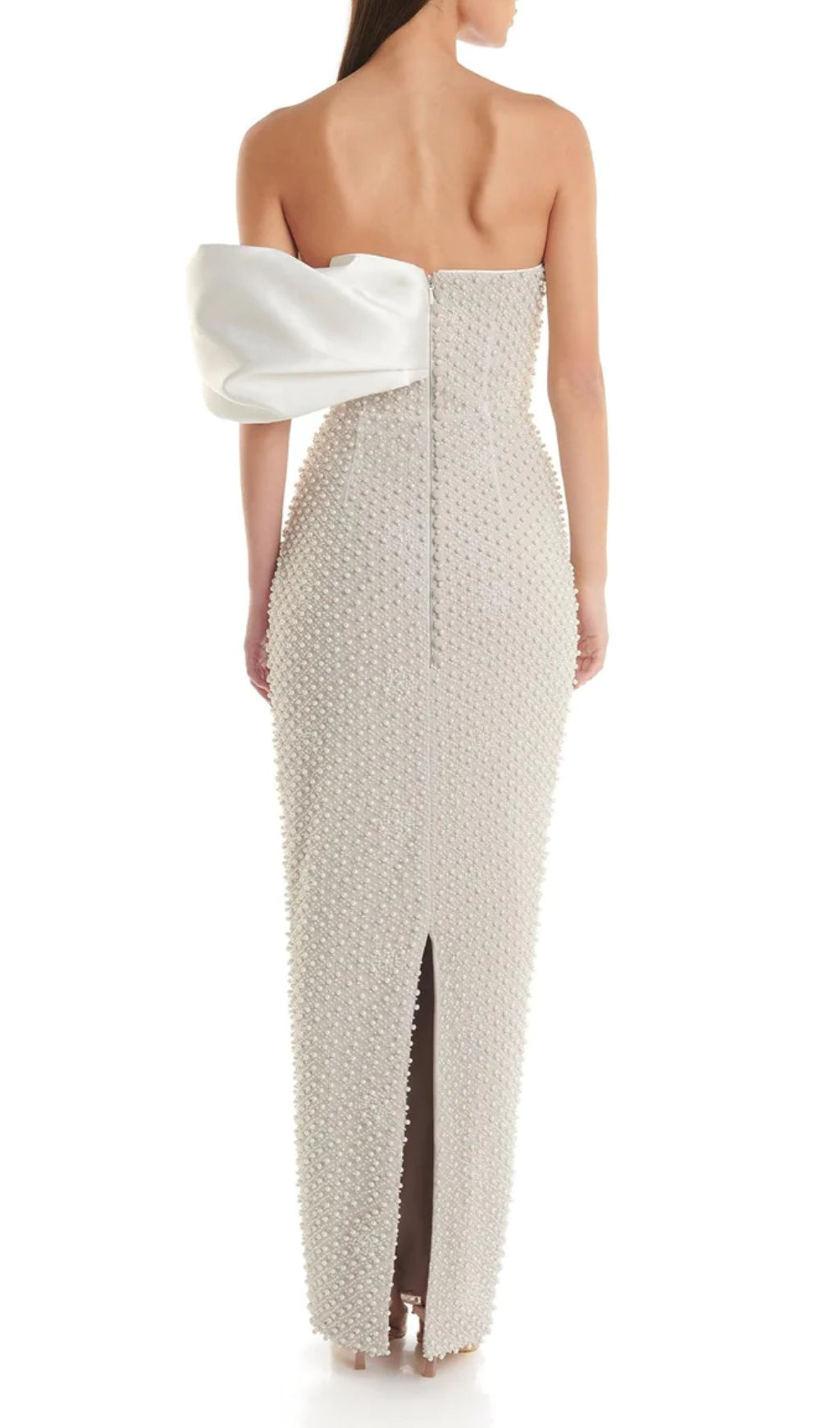 Fashionslee Women Adwen White Draped Bardot Pearl Maxi Dress