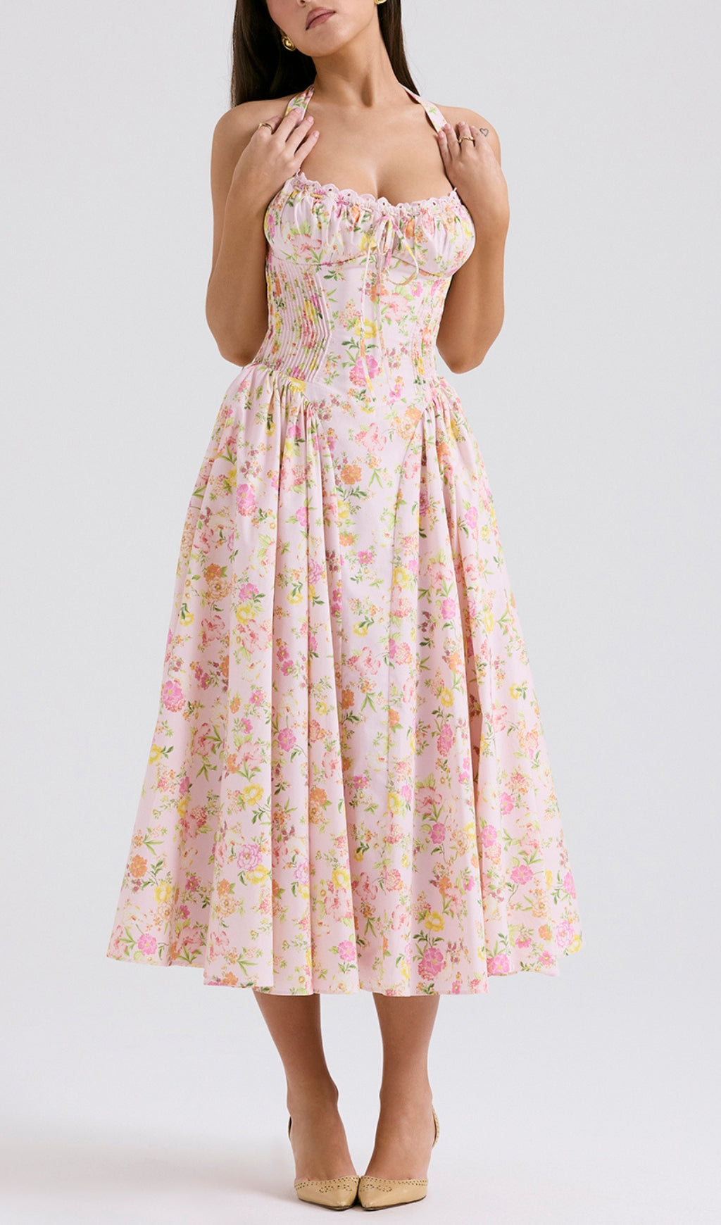 Fashionslee Women Allegro Pink Floral Midi Dress