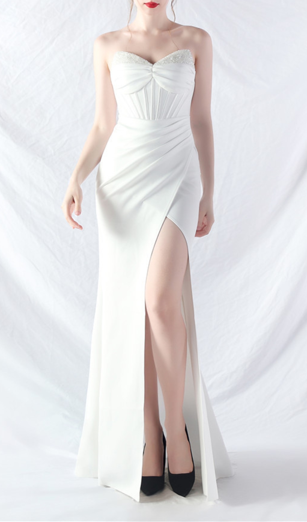 Fashionslee Women Chizue White Strapless Corset Split Maxi Dress