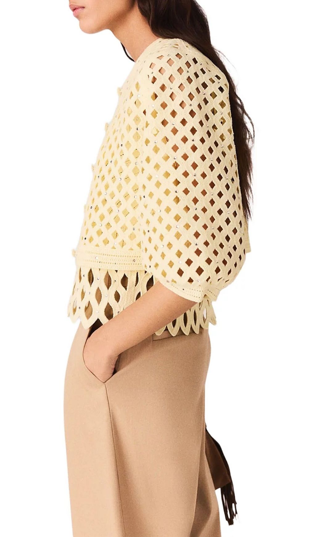 Fashionslee Women Rhinestone Crochet Cardigan