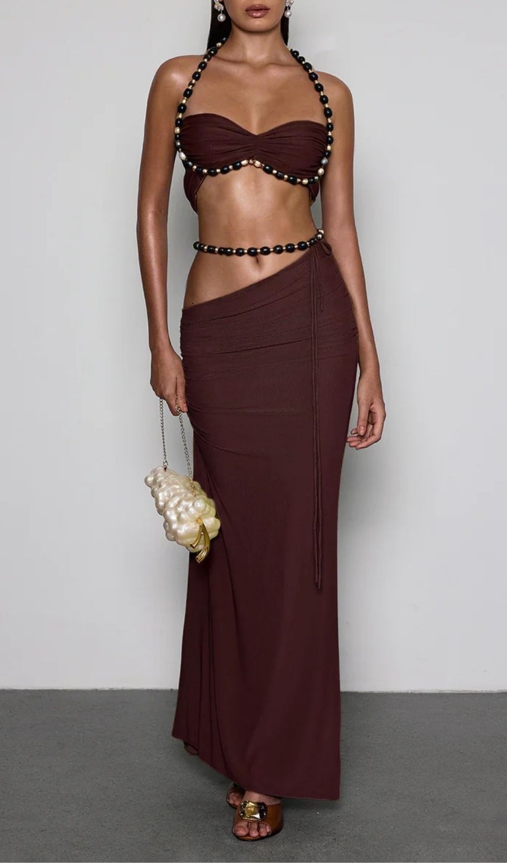 cf2a64407a26fa28ab55f525e2f93859.jpg Fashionslee Women Eryna Halterneck Ruched Skirt Set In Coffee