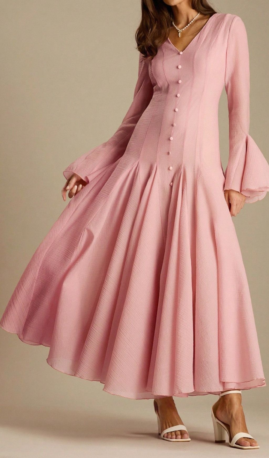 Fashionslee Women Lane Pink V-Neck Long Sleeve Maxi Dress