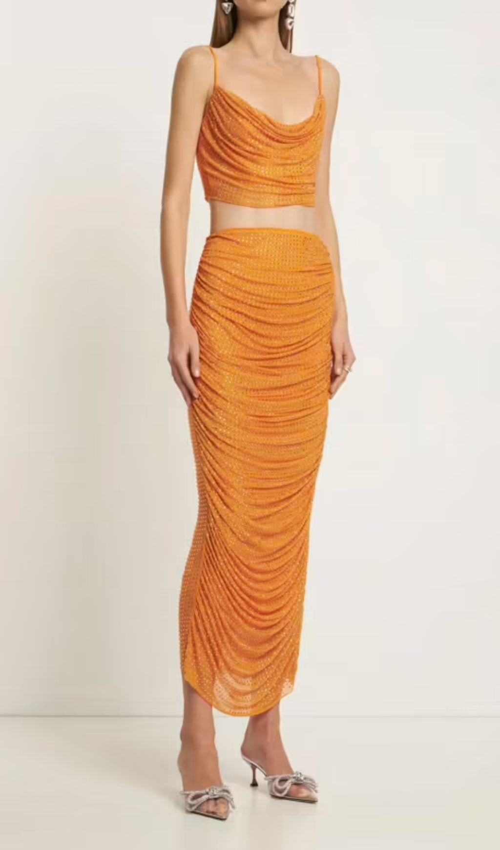 Fashionslee Women Buzz Orange Diamond Maxi Skirt Set